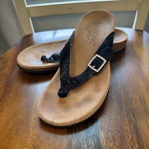 Vionic Orthaheel Sandal Womens 8 Black Snakeskin Rhinestone Buckle Flip Flops
